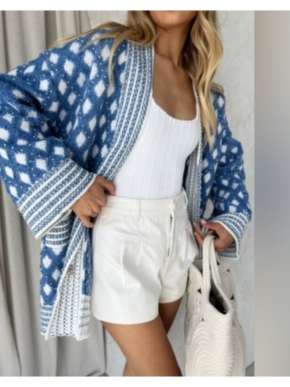 Vita Grace green & White Open-Front Knit Cardigan
